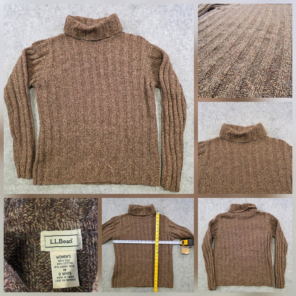 LL Bean Sweater Womens Medium Brown Silk Cotton Wool Turtleneck Ribbed Knit